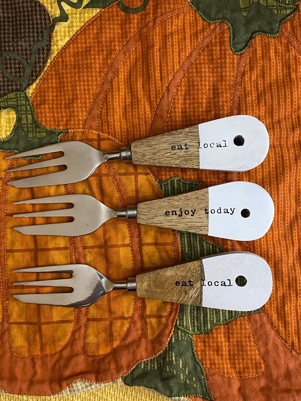 Set of 3 Wood Handle Appetizer Serving Forks 2-Eat Local & 1-Enjoy Today
